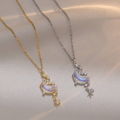 Moon and star zircon pendant necklace