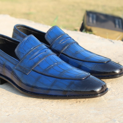 Crafted leather handmade men blue crocodile leather loafers dress shoes