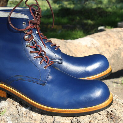 Crafted leather handmade blue leather ankle high boot