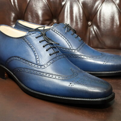 Crafted leather handmade blue leather wingtip oxford dress shoes