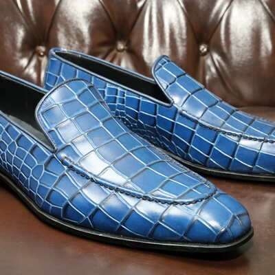Crafted leather blue loafers crocodile leather moccasin formal men dress shoes