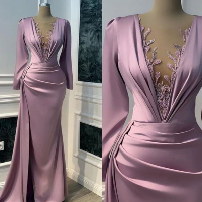 Vintage purple long sleeve illusion v-neck evening dress - Thumbnail 2