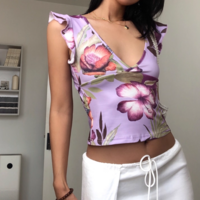 Sexy V-neck floral print slim fit navel-baring cropped T-shirt - Thumbnail 6