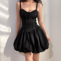 Back drawstring lace patchwork herringbone waist suspender dress - Thumbnail 1