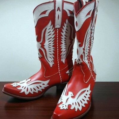 Crafted leather classic men red white fancy cowboy boot