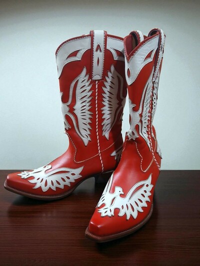 Crafted Leather Classic Men Red White Fancy Cowboy Boot