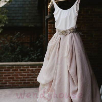 Scoop low back prom dresses bridal gown with beaded waist band  - Thumbnail 1