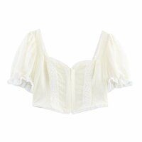 Square neck back sweet style puff sleeve cropped top - Thumbnail 2