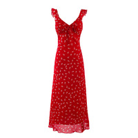 Holiday style casual style red floral sexy V-neck dress - Thumbnail 2