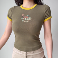 Retro contrast color round neck print straight shoulder short sleeve T-shirt - Thumbnail 2