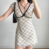 Sexy Deep V Neck Lace Plaid Short Sleeve Dress - Thumbnail 4