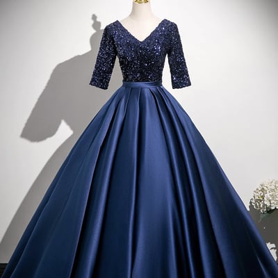 Navy satin sequins long prom party dress