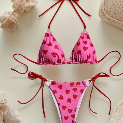 Cute girls' heart printed bikini sets adjustable, halter triangle top, side-tie bottom, backless
