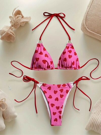 Cute Girls' Heart Printed Bikini Sets Adjustable, Halter Triangle Top, Side-Tie Bottom, Backless