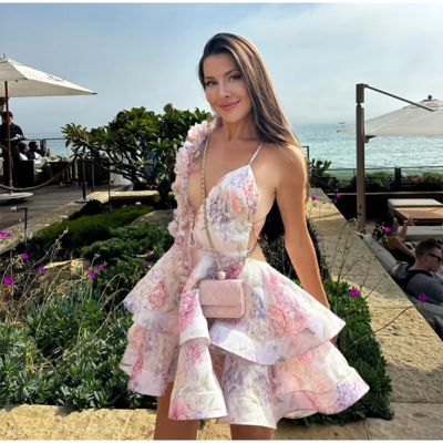 Elegant french floral sleeve mini dress 