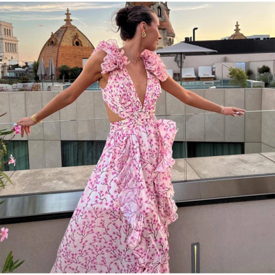 Boho print ruffle long dress with hollow out detail 