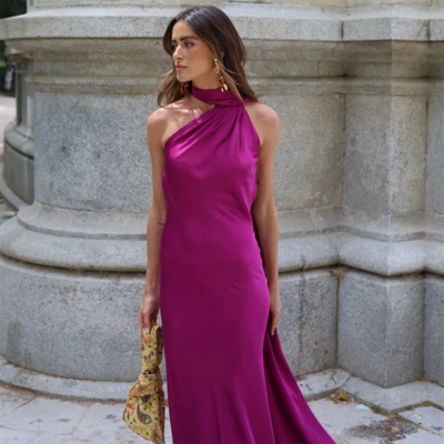 Elegant Halter Backless Long Satin Party Dress for Women