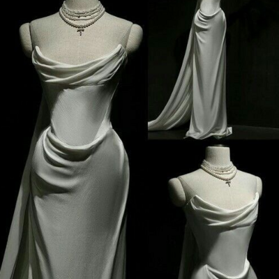 Strapless white satin long wedding dresses with ruffles - Thumbnail 1