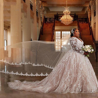 Lace Plus Size Wedding Dresses Saudi Arabia V Neck Sheer Long Sleeves Bridal Gowns Lace Up Back Sweep Train Wedding Vestidos,1963 - Thumbnail 1