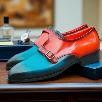 Crafted leather classic blue tan patina leather monk strap dress shoes