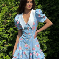  Vintage Chic Floral Print Puff Sleeve Ruffled Mini Dress - Thumbnail 5