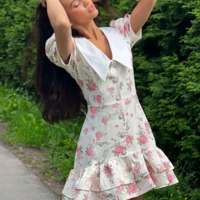  Vintage Chic Floral Print Puff Sleeve Ruffled Mini Dress - Thumbnail 3