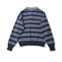 Striped polo collar sweater knitted cardigan women's fashion casual lazy long sleeve pullover top - Thumbnail 1