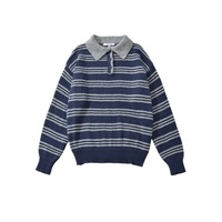 Striped polo collar sweater knitted cardigan women's fashion casual lazy long sleeve pullover top - Thumbnail 2