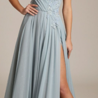 A Line Dusty Blue V Neck Chiffon Evening Dress with Side Split - Thumbnail 1