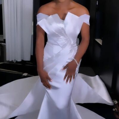 Elegant wedding dress, mermaid off the shoulder satin african girls bridal dress bridal gown - Thumbnail 1