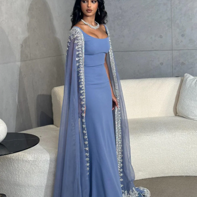 Mermaid luxury crystal blue prom dresses with cape sleeves - Thumbnail 1