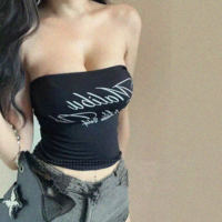 Letter Printed Ultra-Short Tube Top with Navel Bare - Thumbnail 3