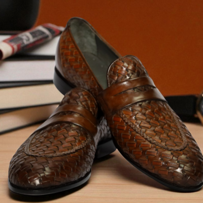 Crafted leather handmade men brown woven leather loafers dress shoes