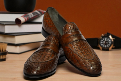 Crafted Leather Handmade Men Brown Woven Leather Loafers Dress Shoes