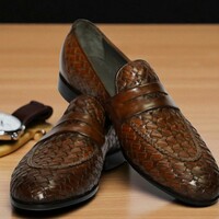 Crafted Leather Handmade Men Brown Woven Leather Loafers Dress Shoes - Thumbnail 1