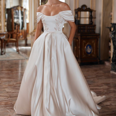 Vintage off-the-shoulder satin wedding dress with beading - Thumbnail 1