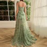 Elegant Lace & Tulle Spaghetti Strap Evening Gown with Slit - Thumbnail 1