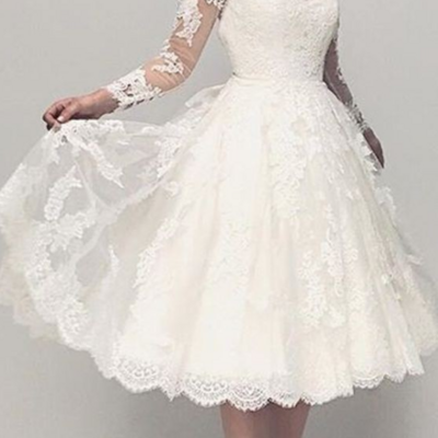 Beautiful tea length lace wedding dress with long sleeves - Thumbnail 1
