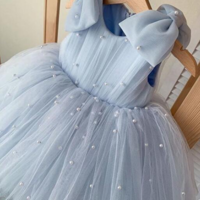 Cute sky blue flower girl dresses with pearls - Thumbnail 1