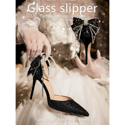 Sparkly Pointed Toe Black Elegant Sequin Bow High Heels