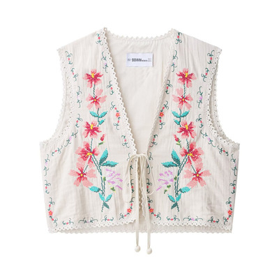 Fashionable and casual sleeveless versatile floral embroidered vest