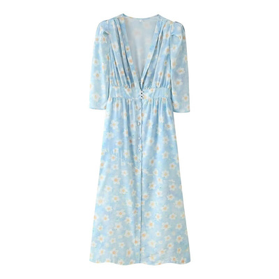 Fashionable and sexy printed puff sleeve pearl button dress