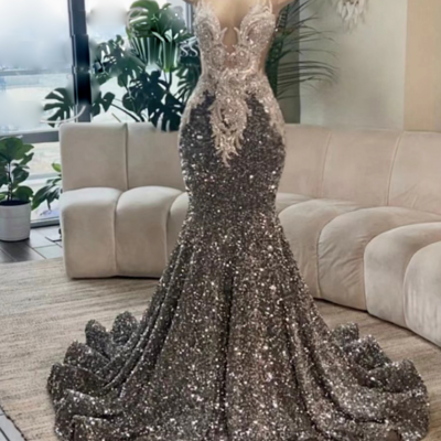 Gorgeous sparkly o neck silver sequin prom dresses - Thumbnail 2