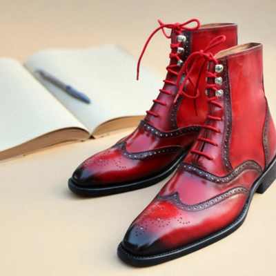 Crafted leather classic handmade red black patina ankle high lace up wingtip dress boots 
