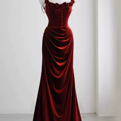 Chic straps red velvet evening dress - Thumbnail 1