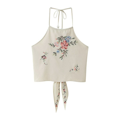 Fashionable sexy hot girl flower embroidered halter neck top