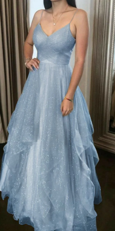 A Line Glittery Light Blue Prom Dress Ruffled Evening Dresses 
