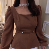 Long-sleeved square-neck lantern-sleeve top - Thumbnail 3