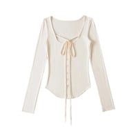 Sexy lace-up sexy large square collar long-sleeved T-shirt - Thumbnail 2