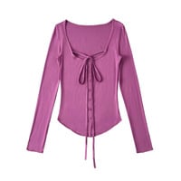 Sexy lace-up sexy large square collar long-sleeved T-shirt - Thumbnail 4